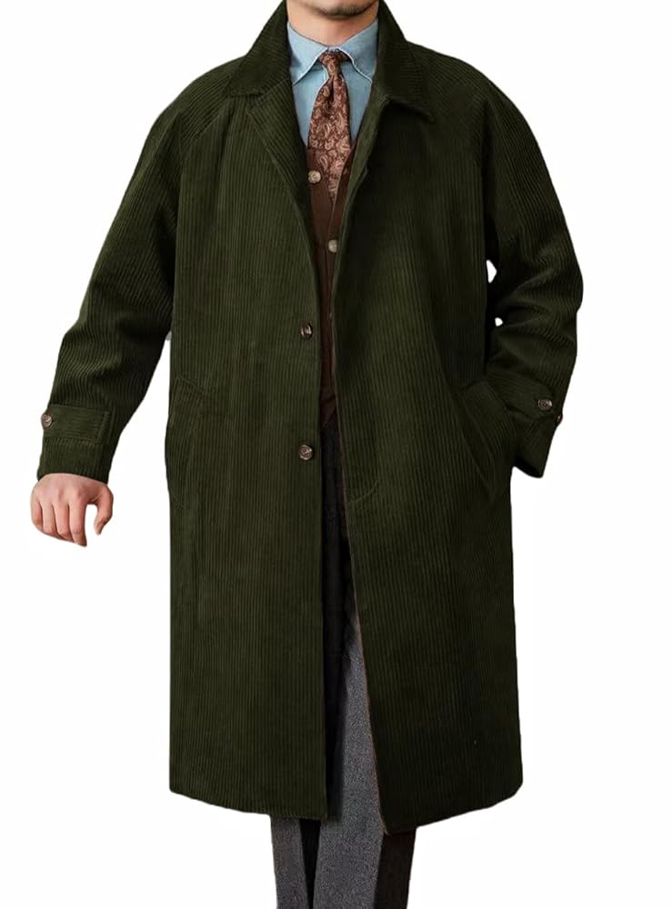 Men's Corduroy Trench Coat Notched Lapel Windbreaker Man's